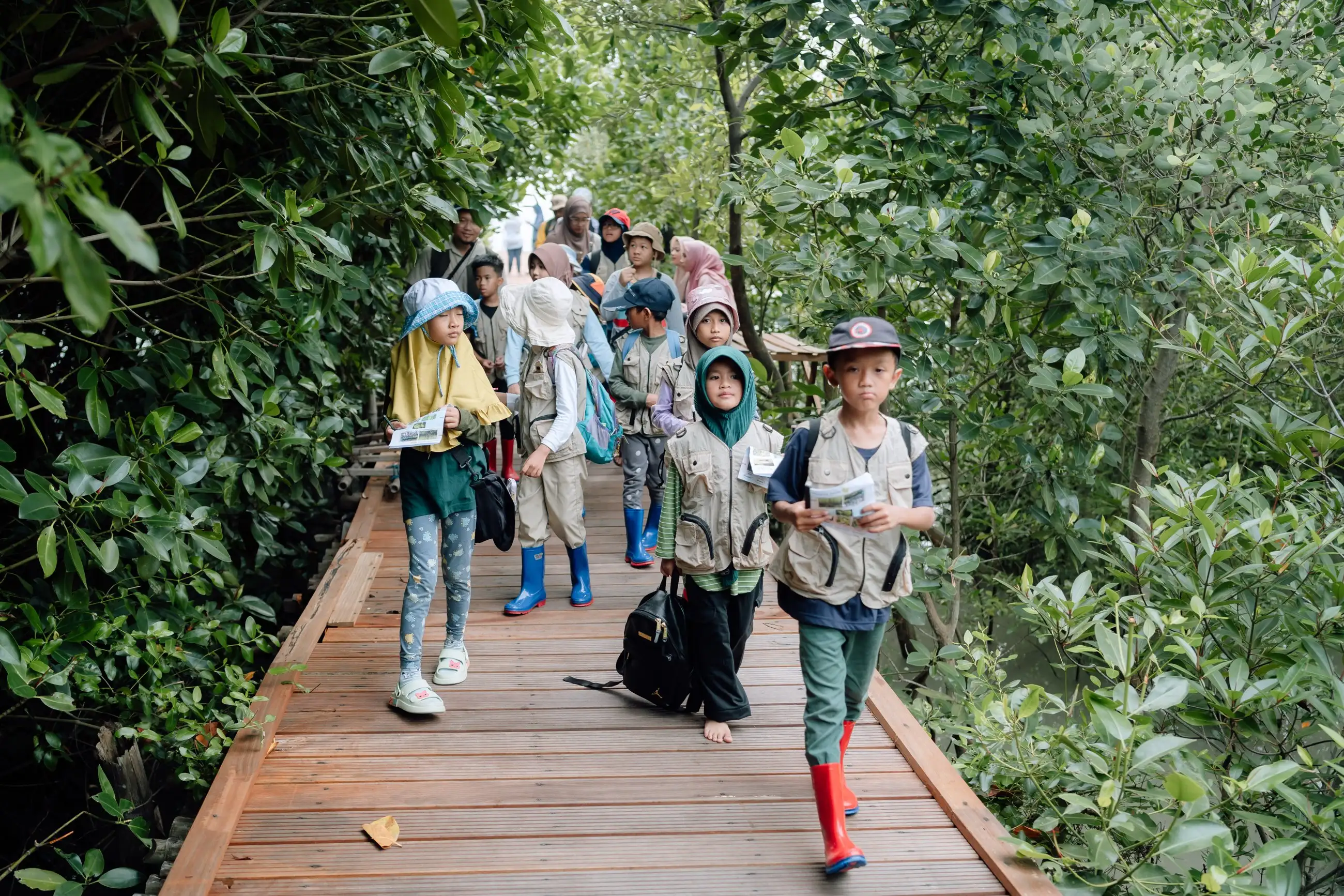 Anak-anak peserta Ocean Literacy for Kids menjelajah jembatan pemantauan mangrove bersama fasilitator