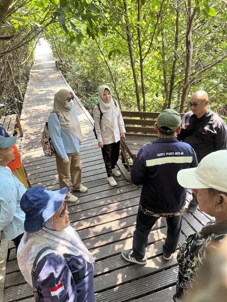 Tamu berdiskusi di jembatan pemantauan mangrove yang teduh